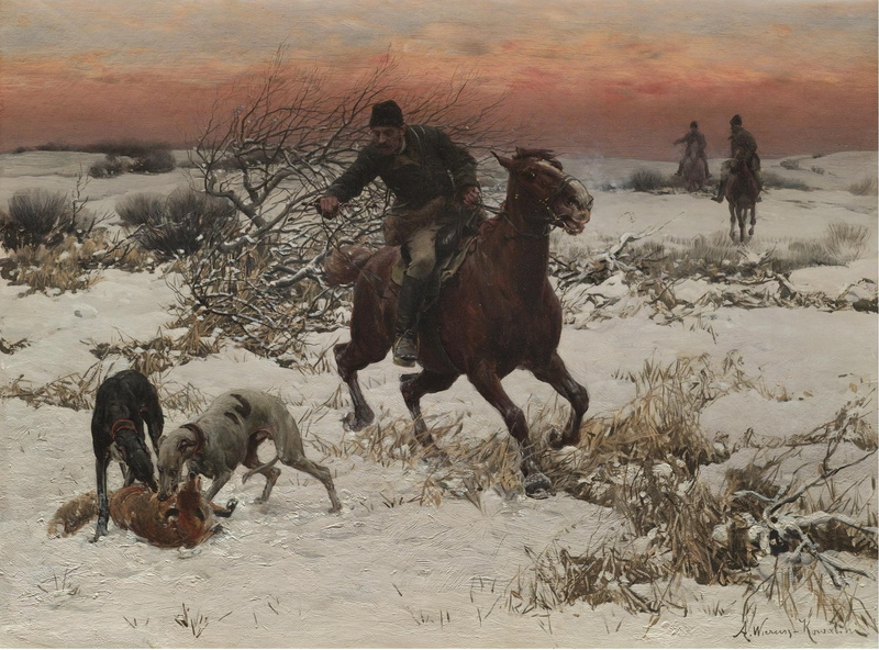 sky, artwork, running, snow, Alfred Kowalski-Wierusz, classic art, domestic animals, nature, 1080P, Polish, livestock, animal themes, group of animals