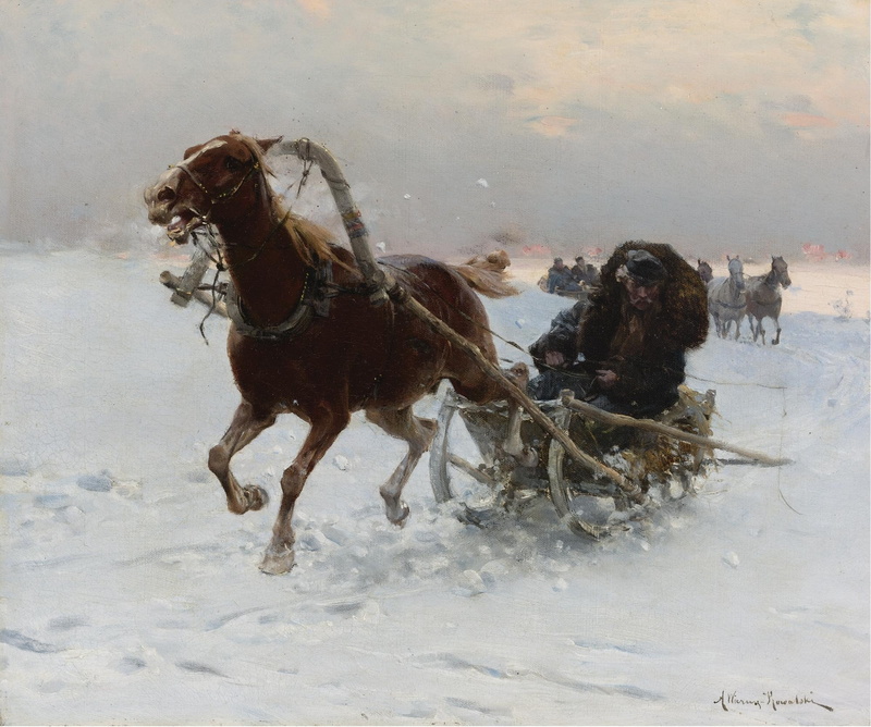 mammal, domestic animals, outdoors, vertebrate, pets, domestic, group of animals, animal, classic art, Alfred Kowalski-Wierusz, animal themes, horse, motion