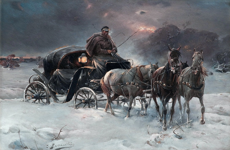 artwork, Alfred Kowalski-Verush, 2K, pets, animal wildlife, group of animals, outdoors, activity, snow, animals, men, horse, carriage, snowy, domestic animals