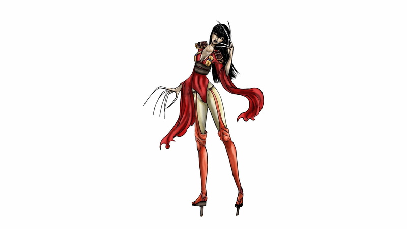 white background, indoors, studio shot, cut out, representation, full length, body paint, one person, Lady Deathstrike, young adult, freedom, red, art and craft