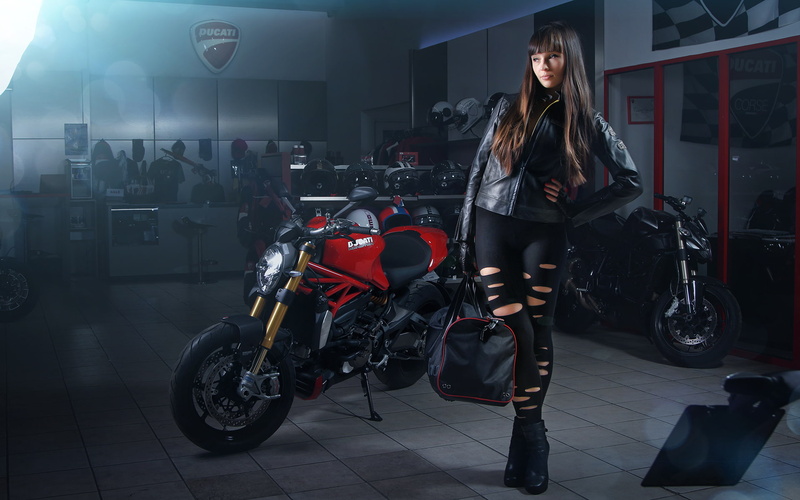 Light, Monster, Girl, Ducati, 1200s, Studio, Leather Jackets, Bags, Motorcycle, 1080P