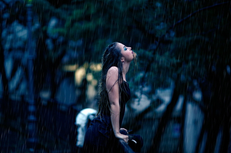 three quarter length, adult, beauty, s, long hair, black, rain, wet body, dress, clothing, 1080P, hairstyle, fashion, emotion, young adult, looking, young women