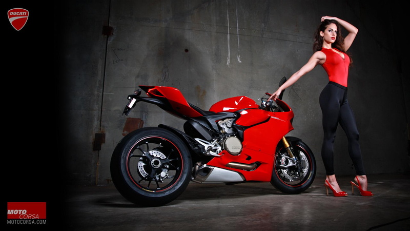ducati, 1080P, red, photo, sleeveless, seductive, v, pants, stilettos, outfit, black, bike, women, motors, shirt, ducati 1199, neck, sport, panigale, s