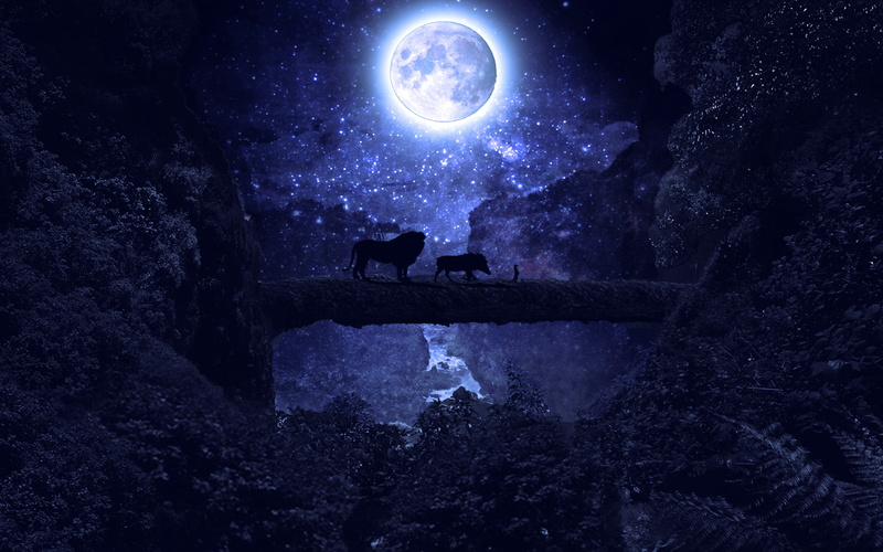 sky, tree, animal, 4K, outdoors, space, art, moonlight, rock, moon, lionking, no people, illustration, animal themes, planetary moon, night, disney, solid