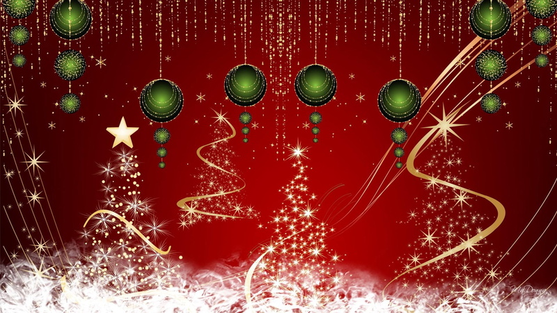 deluxe, green balls, 1080P, stream, feliz navidad, vintage, decorations, stars, sparkle, gold, ribbon, christmas, trees