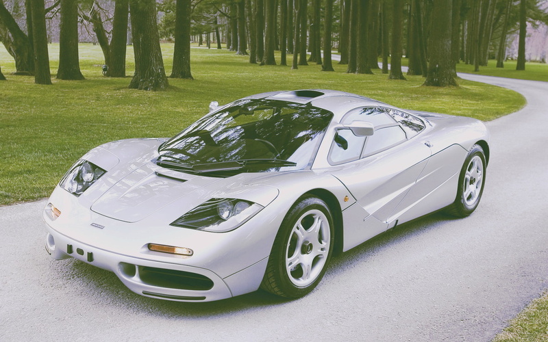 day, plant, McLaren F1, white color, land vehicle, black color, stationary, tree, 1080P, motor vehicle, mode of transportation, grass, land, sports car