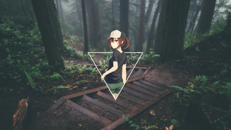 trunk, anime, one person, outdoors, young adult, full length, woodland, young women, brown, growth, blurred, nature, land, stairs, tree trunk, 1080P, plant