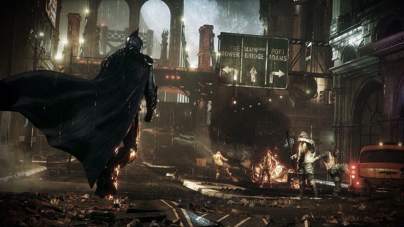Batman: Arkham Knight, fire, 1080P, street, building, smoke, Gotham City, Batman, taxi