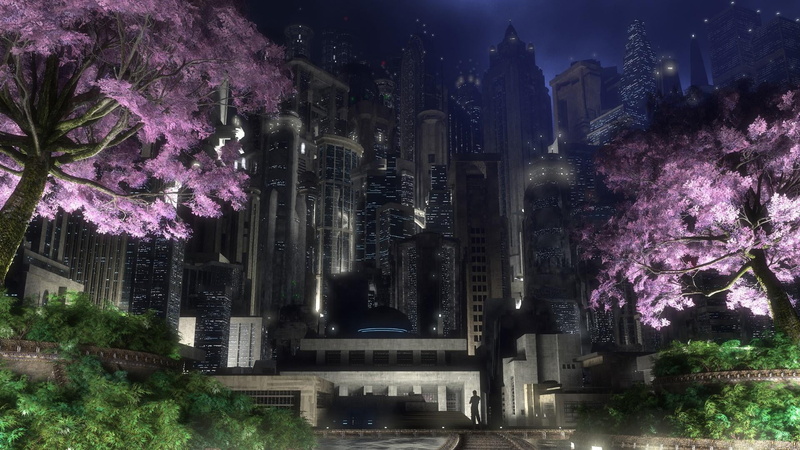 built structure, purple, beauty in nature, springtime, fantasy art, flowering plant, artwork, plant, tree, flower, illuminated, 1080P, skyscraper, freshness