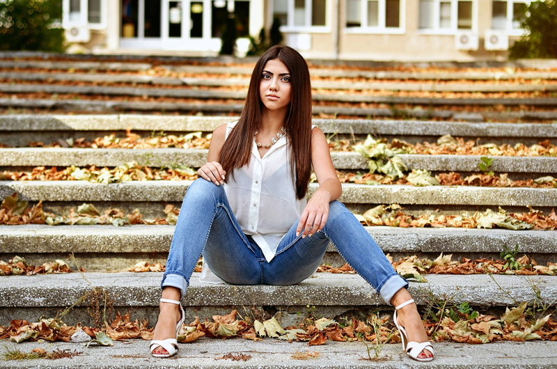 architecture, brown hair, adult, beauty, hairstyle, 1080P, staircase, ladders, hair, jeans, young women, sitting, long hair, lifestyles, casual clothing
