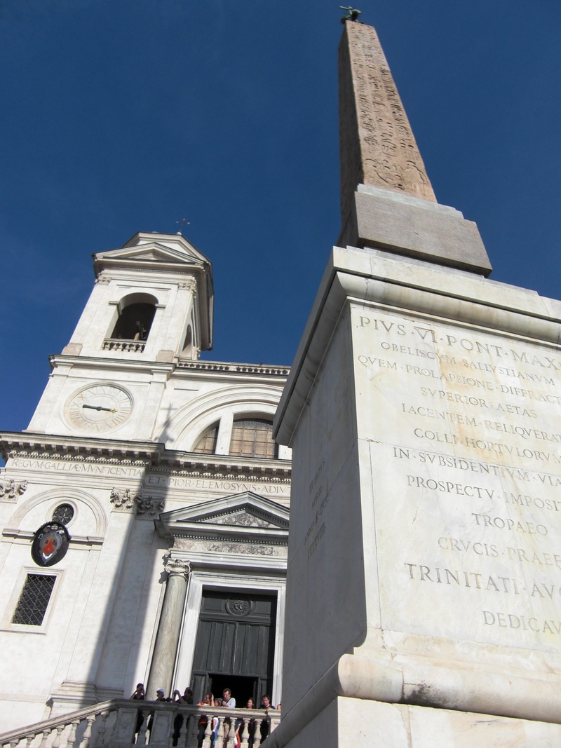 low angle view, day, no people, italy, architecture, spirituality, nature, 1080P, santissima trinita dei monti, rome, sunlight, tower, historically, blue