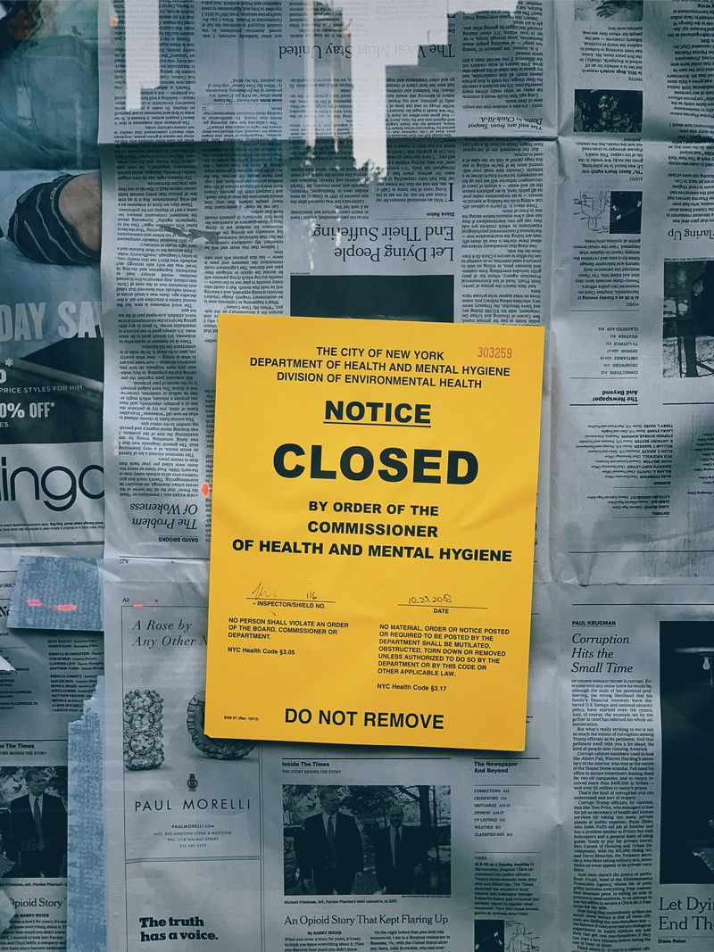 paper, warning, built structure, indoors, health violation, notice, reflection, information, communication, note, order, closed, signage, food inspector