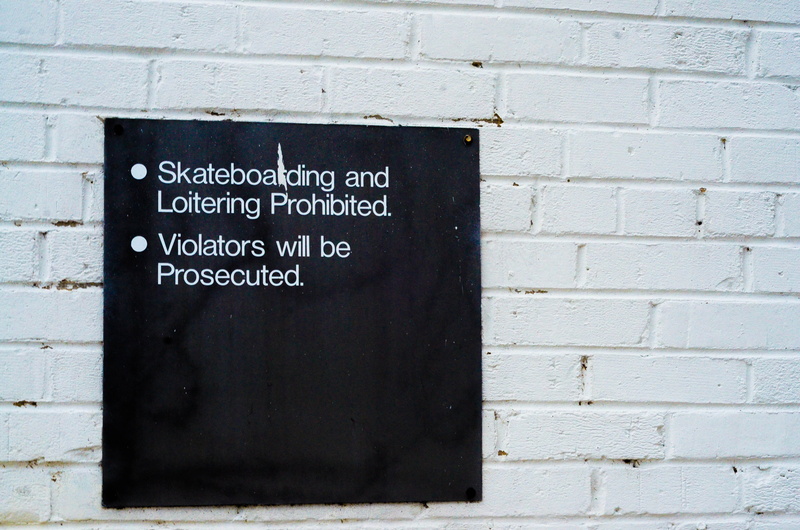 text, built structure, violators, word, black and white, prohibited, canine, wall - building feature, slate, skateboarding, western script, white color