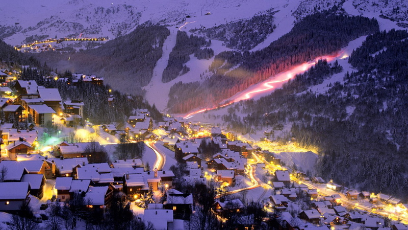 fantastic, nature and landscapes, ski, city, photo, 1080P, mountains, night, resort, lights, snow, covered