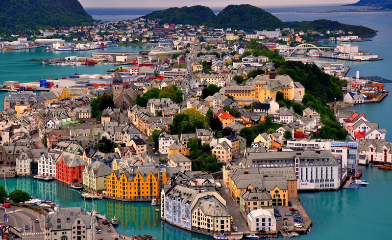 transportation, bay, city, high angle view, harbor, travel, water, sea, Europe, alesund, outdoors, travel destinations, mode of transportation, built structure