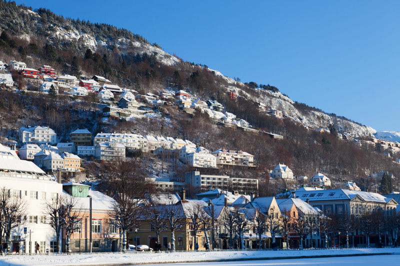 cities, bergen, houses, norway, 2K, winter