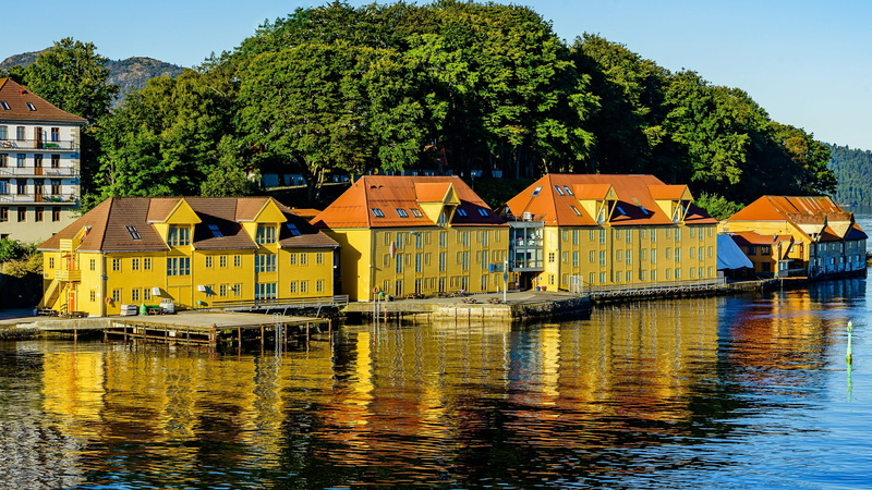 outdoors, europe, nature, town, plant, real estate, built structure, rippled, reflection, sea side, sky, nordnesboder, river, building, yellow houses, city