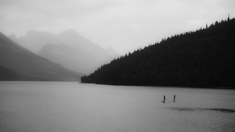tree, plant, landscape, waterton, sup, one person, paddle boarding, body, tranquility, water, land, mountains, travel destinations, mountain, environment