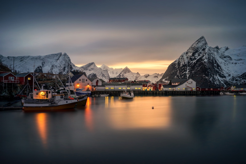 building exterior, mode of transportation, no people, boats, travel Destinations, reflection, mountain Range, lake, Hamnoy village, transportation, sea