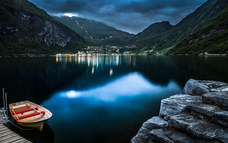 dock, blue, evening, fjord, Norway, clouds, 2K, Geiranger, water, mountains, landscape, town, nature, lights, boat