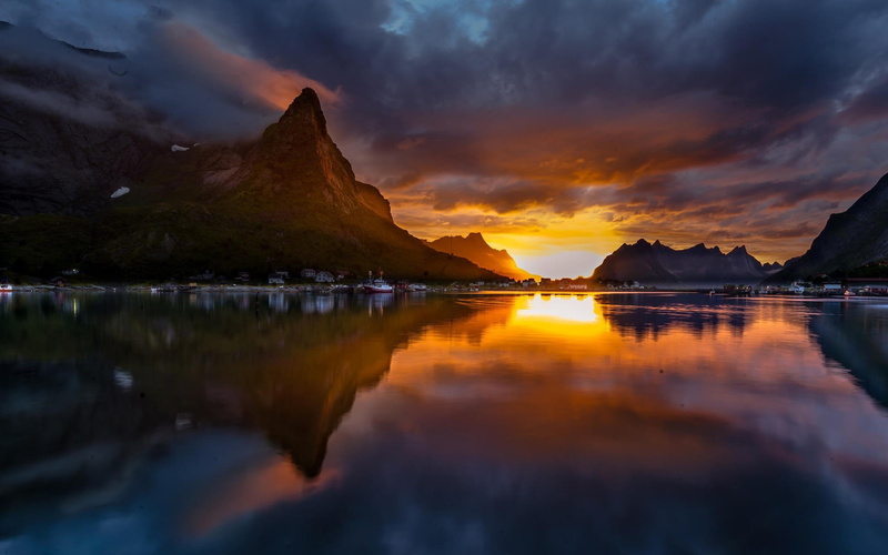 lagoon, no people, dramatic sky, lake, water, mountain, tranquility, Norway, sunset, idyllic, waterfront, cloud - sky, mountains, orange color, scenics - nature