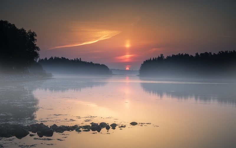 reflection, tranquil scene, water, 1080P, idyllic, reflection lake, orange color, beauty in nature, sky, sun, plant, nature, outdoors, lake, no people