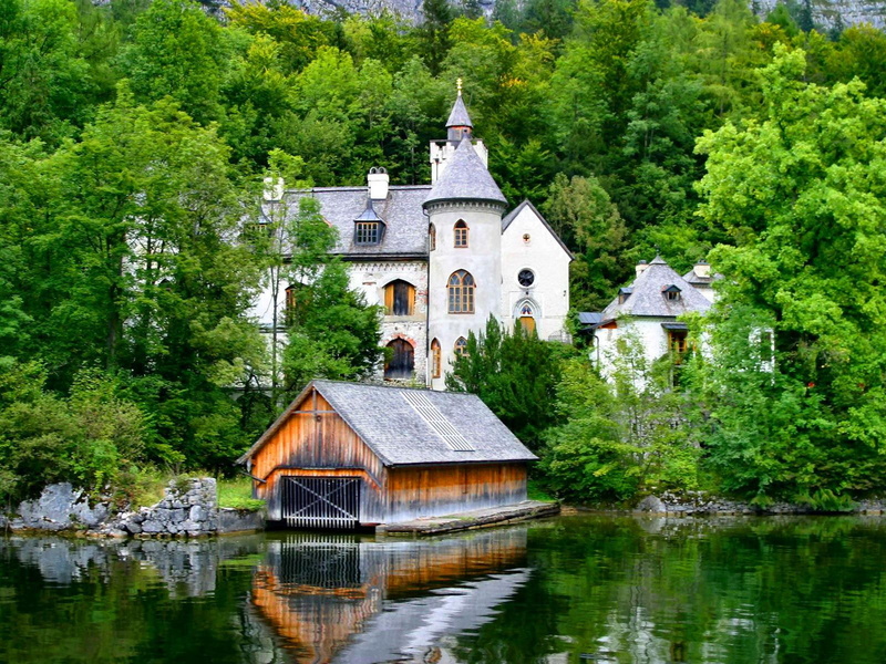 beautiful, 720P, nice, gray, reflection, mansion, lovely, trees, shore, lake, white, crystal, nature, hallstatt, green, greenery, castle