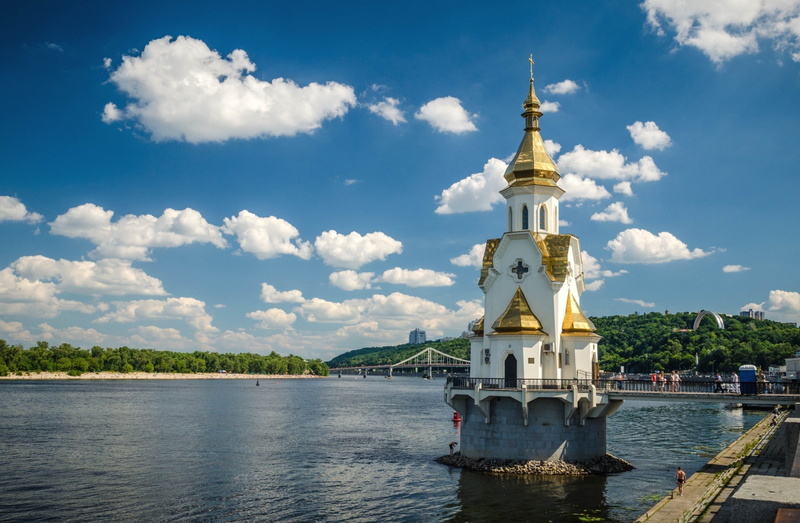 trees, temple, clouds, Dnieper river, nicholas, Nicholas Temple, embankment, Ukraine, Kiev, 1080P, sky
