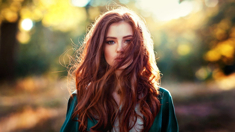 women outdoors, sunlight, Olga Boyko, looking at viewer, hair in face, 1080P, long hair, women, redhead, depth of field, Alexandra Girskaya