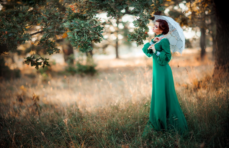 oak, style, dress, Alexander, retro, Olga Boyko, girl, 1080P, mood, tree, umbrella