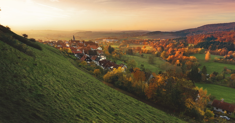 grass, outdoor, photo, beauty in nature, fall, sunlight, hill, autumn, built structure, colorful, tranquility, trees, landscape, hillside, meadow, scenic