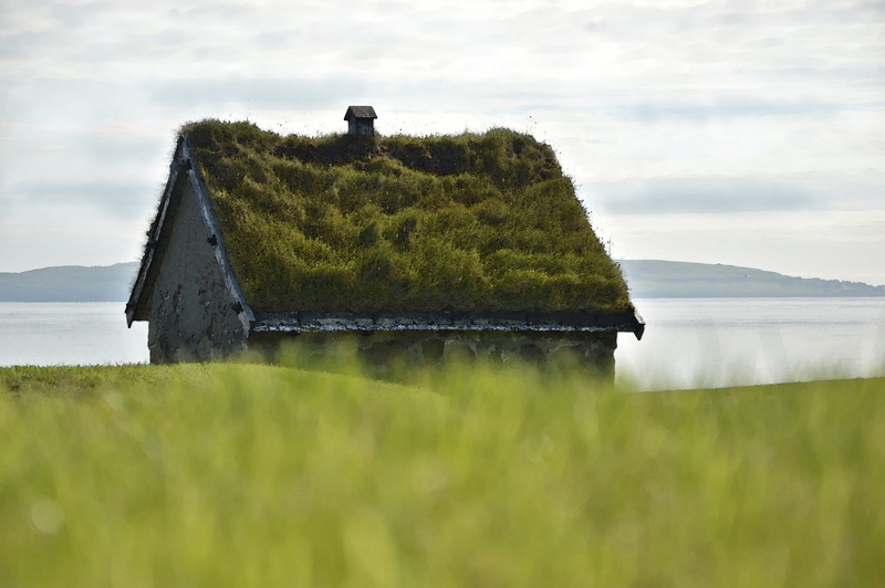 green roof, green color, water, turf roof, idyll, building exterior, old, growth, built structure, land, traditions, stone house, sky, architecture, lake