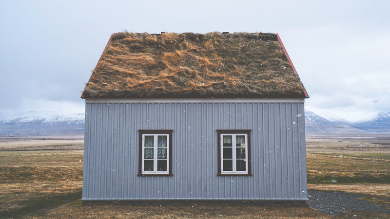 house, cloud - sky, snowing, Snow, building, mountain, day, outdoors, land, architecture, rural Scene, turf roof, 5K, window, snowflake, barn, no People