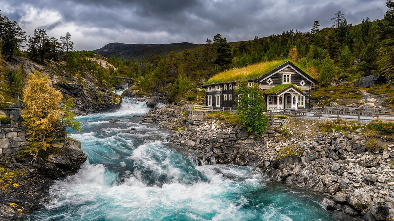 body of water, house, grass roof, skjak, turf house, green roof, rapid, gudbrandsdalen, river, nature, turf roof, cabin, 1080P, grass covered house, stream