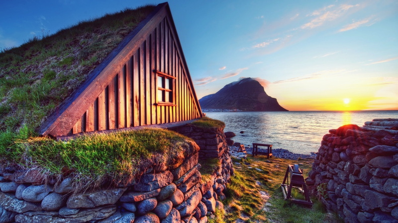 hut, house, photography, turf, landscapes, water, hdr, 1080P, sun, houses, rocks