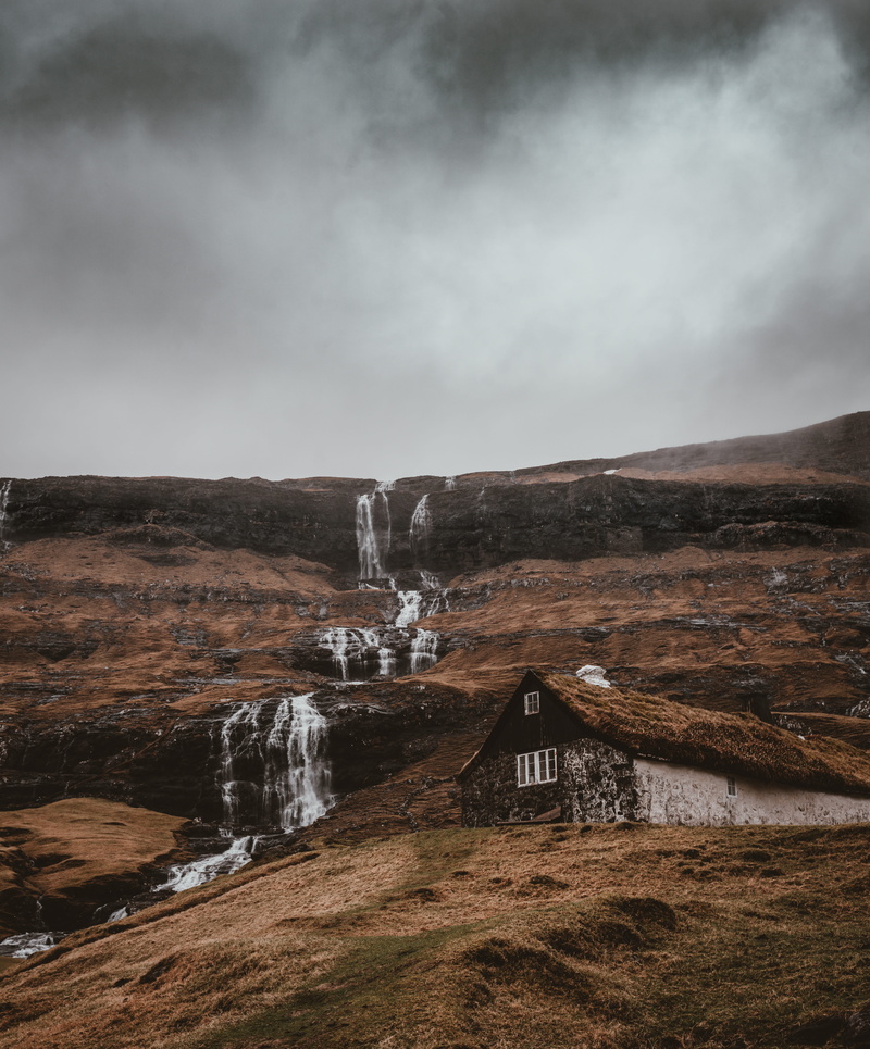 hut, tranquility, turf roof, mountain, 5K, idyllic, near, hill, skies, stone, land, water, environment, flowing water, home, travel destinations, saksun