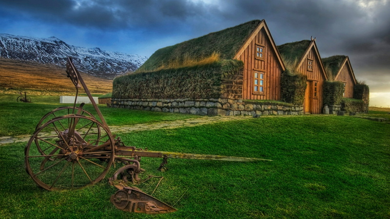countryside, no people, turf houses, hofsstadir, wood - material, turf house, house, scenics - nature, architecture, built structure, wheel, landscape