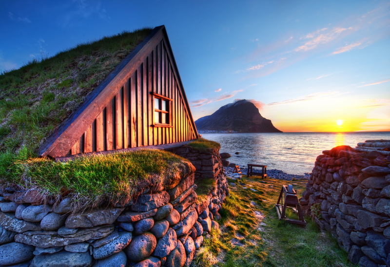 water, outdoors, coastline, formation, sunset, rock, nature, front, wooden, sea, body, rock formation, brown, house, 5K, Turf Roof, beach, body of water
