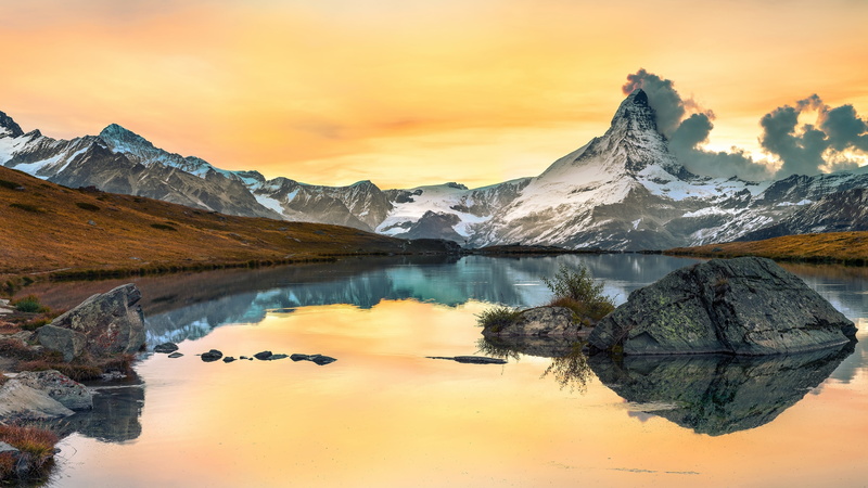 tarn, mountain lake, sky, 4K, lake, peak, morning, reflection, mountain, matterhorn, mountain range, riffelsee, switzerland, europe, orange sky, landscape