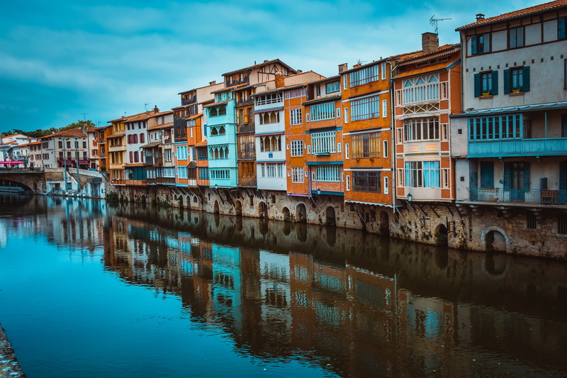 waterfront, urban, travel destinations, transportation, pastel, cityscape, river, city, orange, window, apartment, tarn, water, sky, france, reflection