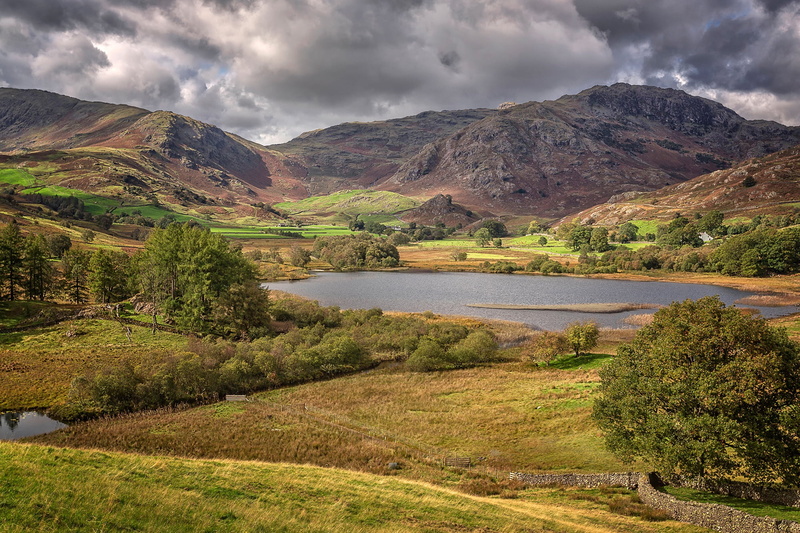 mountains, Little Langdale Tarn, England, the bushes, field, clouds, trees, the sun, 1080P, valley, lake, the sky