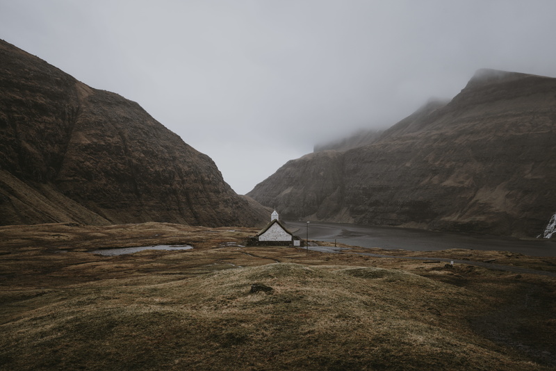 scenics, outdoors, mountain, mountain Peak, mountain Range, fog, hill, europe, fjord, no People, faroe islands, travel, chapel, 8K, sky, landscape, cove