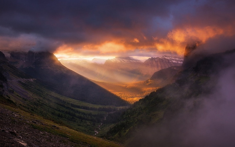 glacier national park, sun, park, clouds, sun rays, 720P, forest, landscape, sunrise, nature, rays, mist, valley, national, glacier, mountain