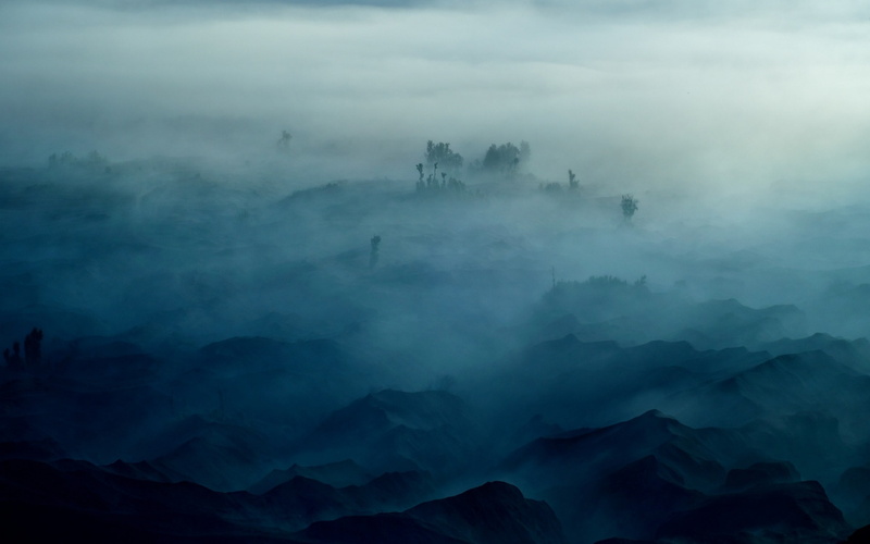 1080P, sunrise, mountain, morning, nature, trees, landscape, blue, mist