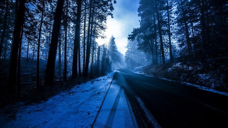 Snow, Trees, Rays, concrete, Winter, 1080P, Forest, Blue, Road, black, Sun