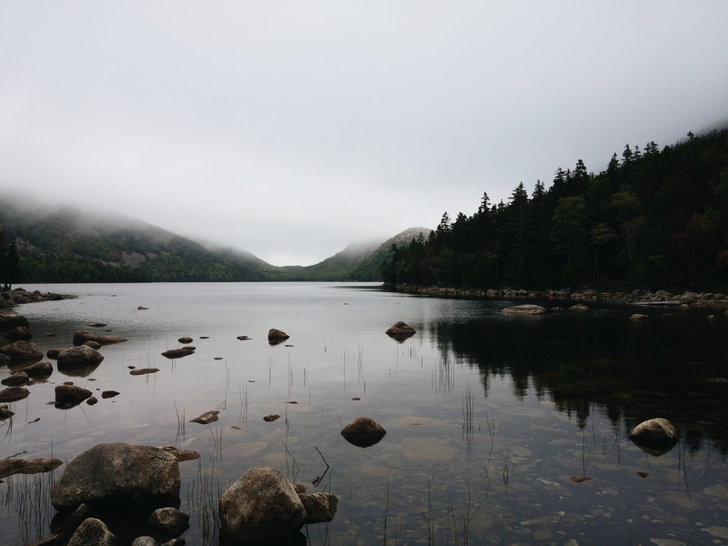 non-urban scene, 4K, day, tranquil scene, tranquility, nature, solid, reflection, idyllic, sky, scenics - nature, fog on jordans pond, united states, fog