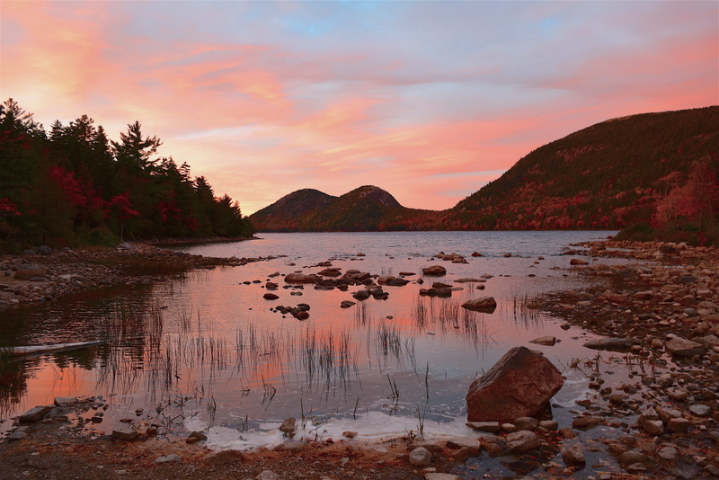 dramatic, lake, dark, evening, mountain, tree, plant, colorful, no people, land, jordan pond, outdoors, acadia, nature, sunset, dusk, cloud - sky, outdoor