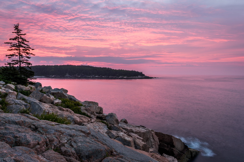 scenics, landscape photography, Acadia  National Park, photography, dusk, beach, magenta, first light, 4K, pink, sky, coastline, Otter Cove, morning, black rocks