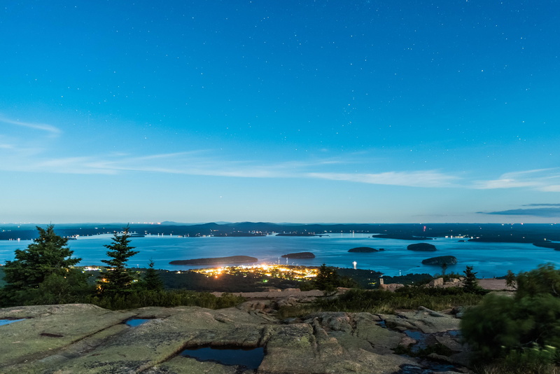4K, ocean, illuminated, tranquility, land, outdoors, bar harbor, cloud - sky, cadillac mountain, sea, no people, night, water, united states, tranquil scene