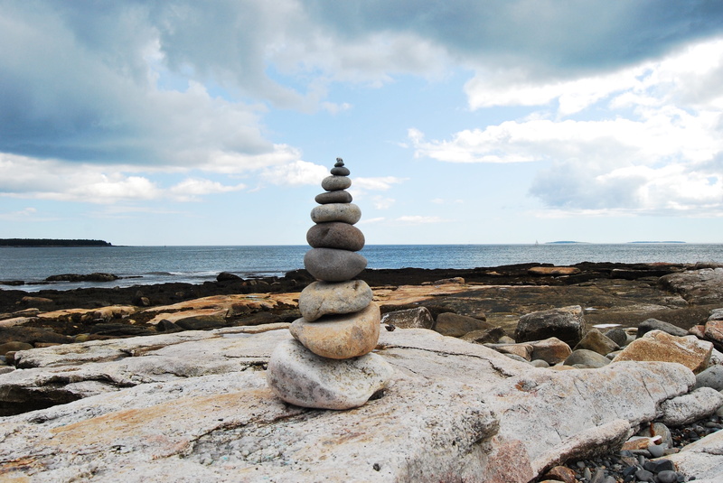 land, acadia national park, nature, meditation, zen-like, rocks, horizon, rock, 2K, united states, sea, sky, balance, pebble, horizon over water, water